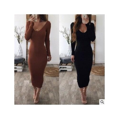 2020 Womens Spring Autumn Robe Warm Dress fashion Ladies Slim Slimming Dress Sexy V Neck Long Sleeve Comfort Striped Dress Femme