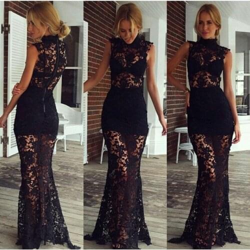Party prom women summer highneck vestido de renda fashion sexy black long lace evening free shipping mother of the bride dresses