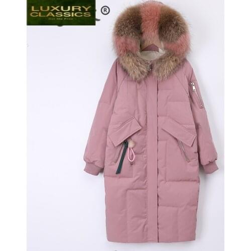 Winter Coats Female Women Thick White Duck Down Jackets Slim Long Down Parka Raccoon Fur Hooded Warm Clothes 2021 A8030