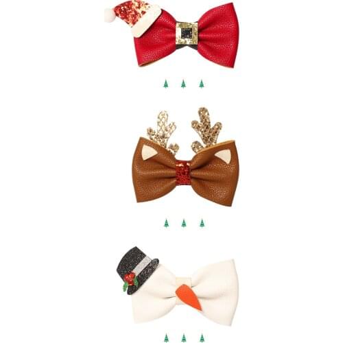 15pcs Cute Leather Bow Hairpins Glitter Reindeer Ears Party Hat Bowknot Hair Clips Xmas New Year Headwear Hair Accessories