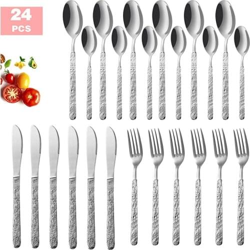 24 pcs Cutlery Set 304 Stainless Steel Dinnerware Sets Western Retro Knife Fork Spoon Tableware Silverware Set Dishwasher Safe