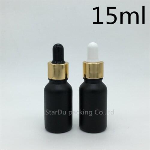 Free shipping 500pcs 15ml black frosted glass essential oil bottle with shiny gold ring dropper glass perfume bottle