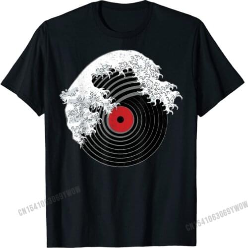 Great Wave Of Music Dj Vinyl Record Turntable Kanagawa T-Shirt Funny Tees For Men Family Harajuku Cotton Top T-Shirts Cosie