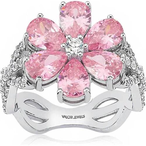 Valori Jewels Magnolia Flower Ring, 2 Ct Zircon Pink Pear Gemstone, Rhodium Plated, 925 Silver, Fine Jewelry