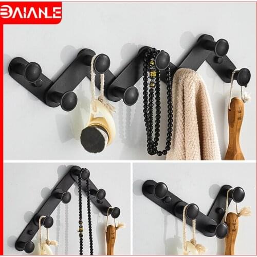 Robe Hook Black Aluminum Bathroom Hooks for Towels Hat Key Bag Clothes Rack Folding Coat Hooks Wall Mounted Bathroom Accessories