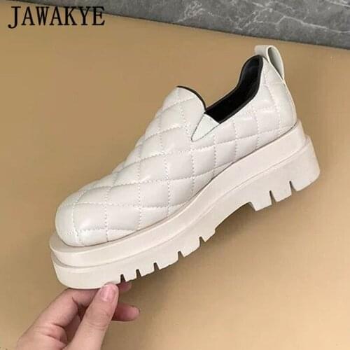 Women Platform Loafers Shoes White Black Rhombus Padded Bread Flat Shoes Thick Sole Genuine Leather Slip-on Casual Runway Shoes