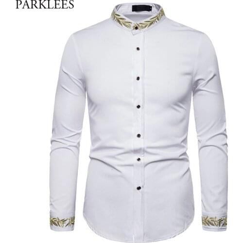 Gold Embroidery Shirt Men 2019 Autumn Stand Collar Mens Dress Shirts Casual Slim Fit Long Sleeve Chemise Homme Camisa Masculina