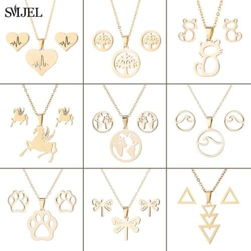 Stainless Steel Heart Necklace Earrings for Women Gold Color Jewelry Sets Wedding Triangle Map Unicorn Life Tree Earring Studs