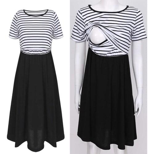Breastfeeding Dresses Maternity Nursing Clothes for Pregnant Women Stripe Breastfeeding Summer Short Sleeve Maternity Dress