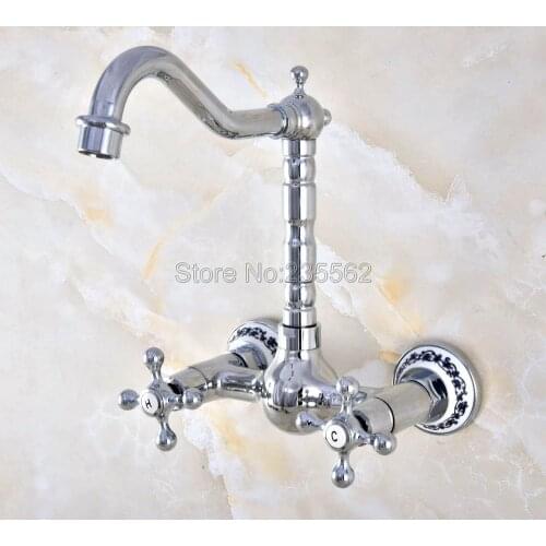 Polished Chrome Brass Wall Mounted Double Cross Handles Bathroom Kitchen Sink Faucet Mixer Tap Swivel Spout Lnf581
