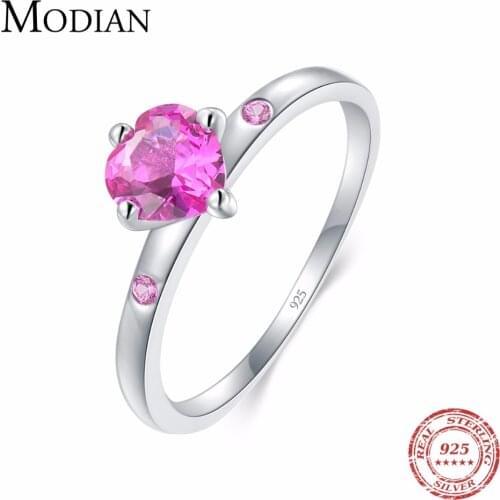 MODIAN Genuine 925 Sterling Silver Romantic Ring Heart RED CZ Finger Rings for Women Wedding Anniversary Jewelry Anel