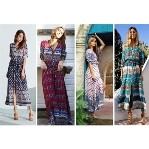 S-5XL Bohemia Maxi Woman Print Dress Female Sexy V-neck Summer Beach Vestidos Women Loose Floral Retro Party Long Dresses