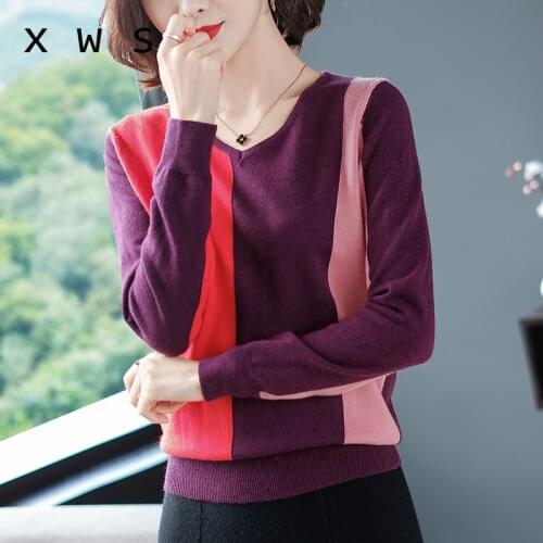 NEW Autumn Winter Sweater Women v-neck Tight patchwork Sweater female Knitted Pullovers long sleeve cheap tops warm basic black