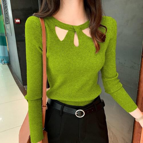 Spring Autumn Womens Sweaters Sexy Hollow Out Design Soft Fabric Slim Oversized Stretch Base Top Pullovers Full Color Female