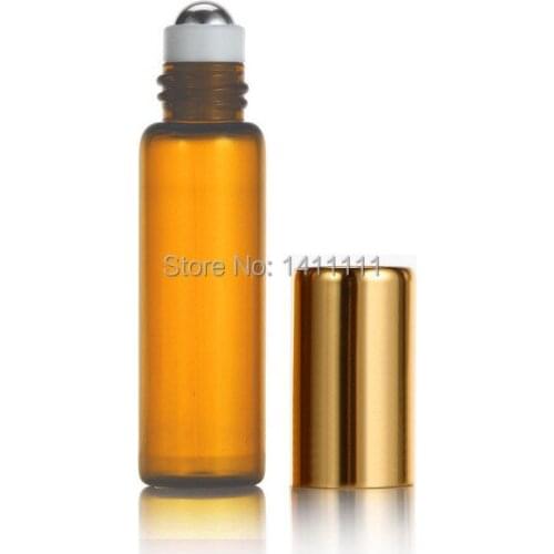 Factory price 600pcs/lot 5ml 1/6OZ Refillable Amber Brown Glass Roll On Essential Oils Bottle + Metal Roller Ball - Gold cap