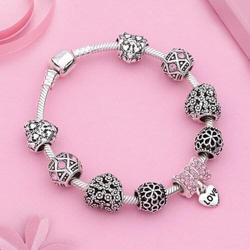 Leabyl New Spring Series Flower Heart DIY Bead Women Bracelet Pink Crystal Charm Bracelets & Bangles Femme Jewelry Gift