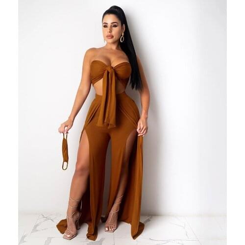 2021 New Arrival Famous Brand 2 pcs Women Set Solid Bandage Strapless Short Tops Loose Long Pants Summer Sexy Outfits