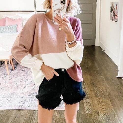 Women Casual Patchwork Loose O neck Long Lantern Sleeve Belt Bow Swearter Pollover Autumn And Winter 2021 Office Lady Pollover