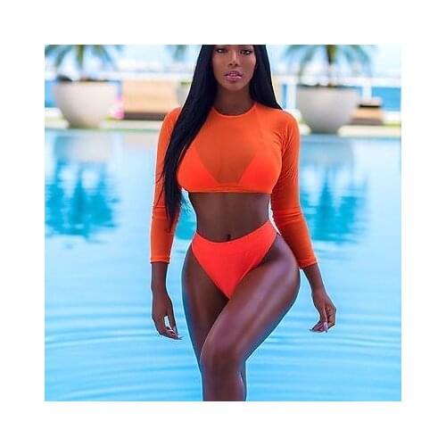 2019 Two Piece Swimsuit Summer Sexy Women Mesh Long Sleeve High Waist Bikini Set Push Up Swimwear Bra Bottom Cover Up Swimsuit