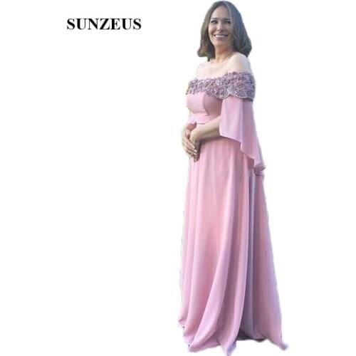 Plus Size Groom Mother Wedding Party Gowns Long Boat Neck Pink Chiffon A-Line Mother of the Bride Dress Beaded Handmade Flower