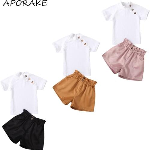 2021 1-6Y Fashion Kids Baby Girl Clothing Set Button White Solid Short Sleeve T-shirt+Shorts Summer Outfits 3 Colors