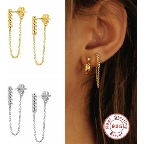 GS 925 Sterling Silver Gold Long Chain Rope Stud Earrings Piercing Line Pendiente Luxury European Jewelry For Women Girls Gift