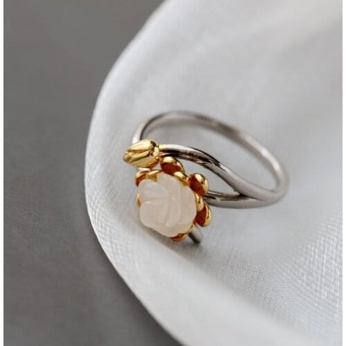 Authentic 925 Sterling Silver Rings Inlaid Natural White Jade Petal Fashion National Style Women Opening Adjustable Ring