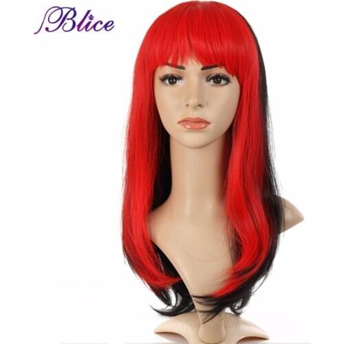 Blice Synthetic Wig Mix Color #1B/Red Straight Long Wig Blunt Bang Wig 100% Kanekalon Fiber Wigs