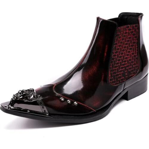 Italian 2020 New Design Slip On Chelsea Boots For Men Genuine Leather Office Work Formal Metal Pointed Toe Red Dress Shoes Male