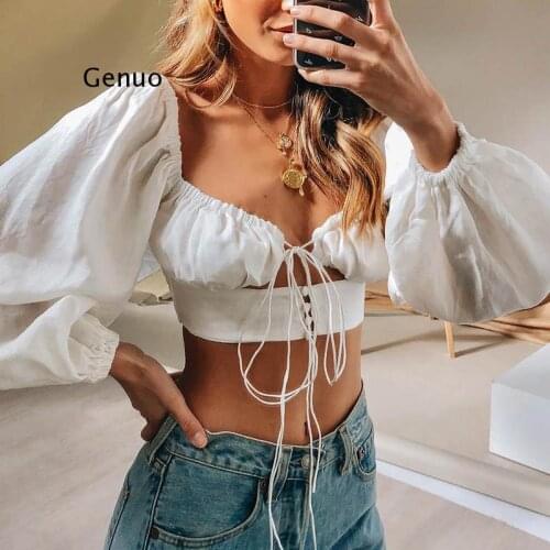 French Romance White Crop Tops Women Autumn Sexy Hollow Out Long Sleeve V Neck Top Ladies Casual Solid Top New