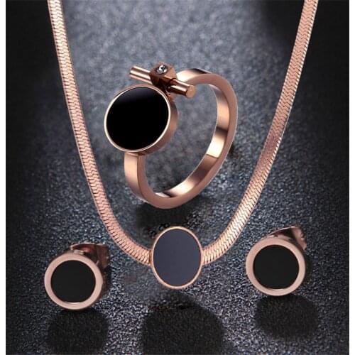 316L Titanium Steel Jewelry Set Rose Gold Black Enamel Ring Earrings Necklace Set