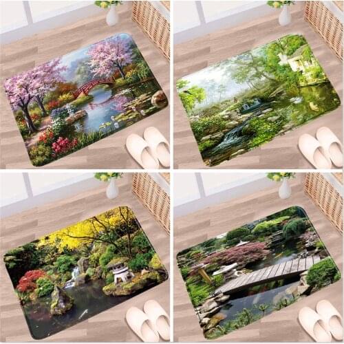Oil Painting Garden landscape Bathroom Mat Flower Plant Green Leaf Tree Town Street Spring Scenery Non-slip Rugs Kitchen Doorway