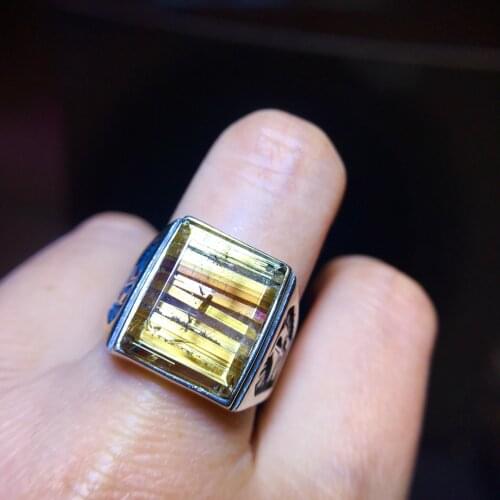 Pure natural titanium crystal square ring mens womens setting High-grade 925 sterling silver inlaid rutile copper crystals