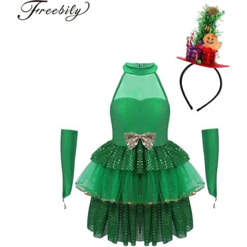 Kids Girls Christmas Costume Sequins Ballet Dance Leotard Mesh Tutu Dress Halloween Cosplay Party Stage Performance Dance Wear