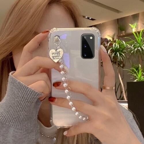 Luxury Crystal Pearl Love Heart Wrist Chian Phone Case For Samsung S21 S20 S10 S8 S9 Plus Ultra S20FE Note 8 9 10 20 Soft Cover