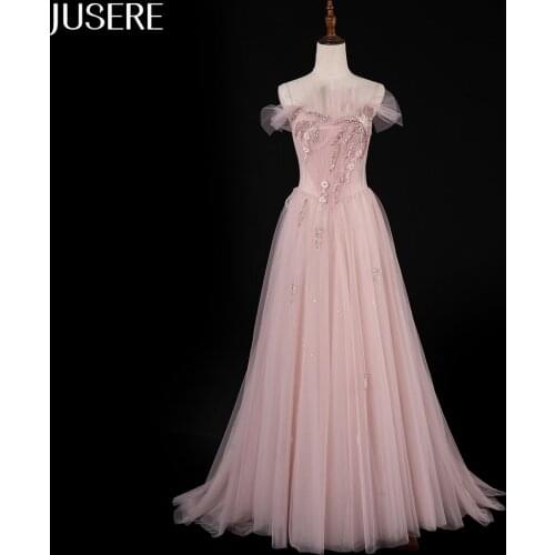 Pink beads Illusion Evening Dress Tulle Party dress with Sweep Train A-line Long dress evening gown