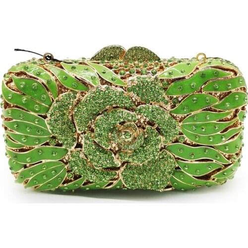 Floral White Crystal Green Metal Evening Clutch Party Purse Best Christmas Gift Ladies Wedding Bridal Chain Clutches Bags Lady