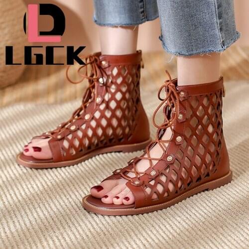 Flat Sandals Ladies Summer Outdoor Fashion Genuine Leather Flat Shoes Round Toe Elegent Slipper Adjustable Lace-up Casual Sandal