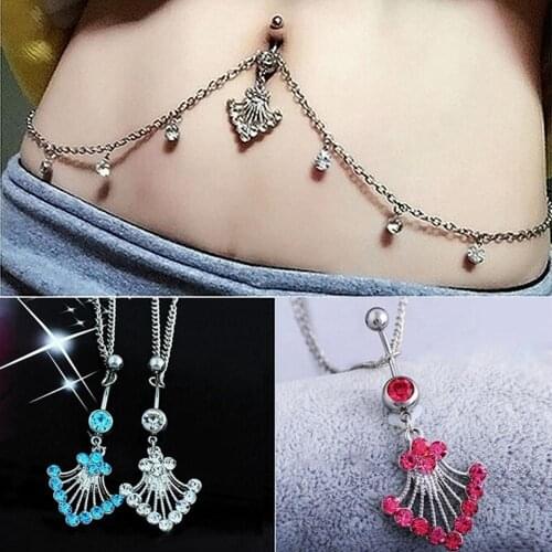 Sexy Women Rhinestone Dangle Navel Piercing Belly Button Ring with Waist Chain