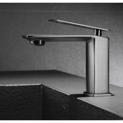 Grey Brass Bathroom Washbasin Faucet Hot And Cold Water Mixer Taps Short & Tall Style Deck Mounted Single Hole 1 Handle