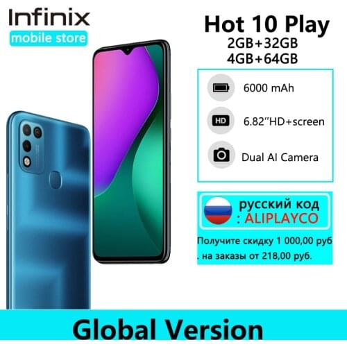 Global Version Infinix Hot 10 Play 6.82'' HD+ Display Smartphone 6000mAh Battery Helio G25 13MP AI Dual Rear Camera