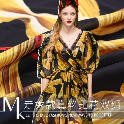 Scarf Tissu 100% Silk 140cm Width Black Pasta Printed Thin Chiffon Silk Satin Fabric For Woman Girl Summer Long Dress DIY Sewing