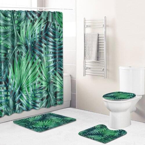 Rainforest Style 3D Palm Leaf Shower Curtains Set Bathroom Accessories Set Shower Curtain with Bath Mat Set for Bathroom