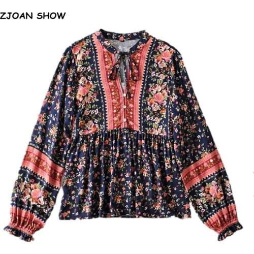 Bohemia Bandage Open buttons V neck Floral Print Women Shirt Holiday Contrast color Loose Long Sleeve Blouse Tops Beach 1 set