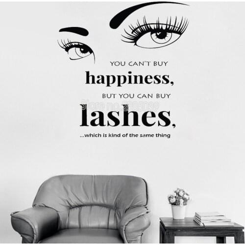 You Can't Buy Happiness Wall Sticker Quote Art Lashes Decal Livingroom Vinyl Mural Wall Decals Bedroom Romantic Home Decor LC225