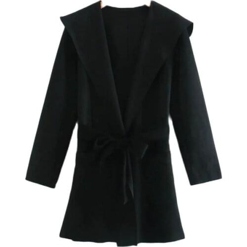 Women Fashion Chic Velvet-Feeling With Sashes Hooded Jacket Vintage Pockets Long Coat Female Chic Outerwear