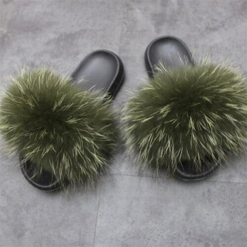 2020 Woman Furry Slippers Ladies Shoes Real Color Raccoon Fur Fluffy Sandals Casual Flat Slippers Warm Slippers Hot Sale