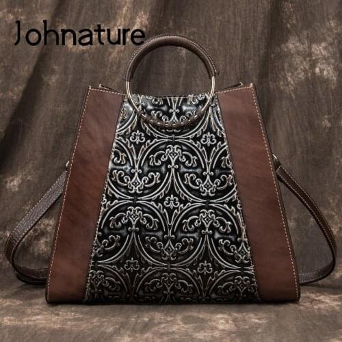 Johnature Vintage Large Capacity Luxury Handbags Women Bags 2020 New Handmade Embossing Cowhide Floral Shoulder & Crossbody Bags