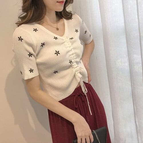 Womens Summer Knitted V-neck Drawstring Crop Top Slim Slim Niche High Waist Cropped Short Half Sleeve T-shirt