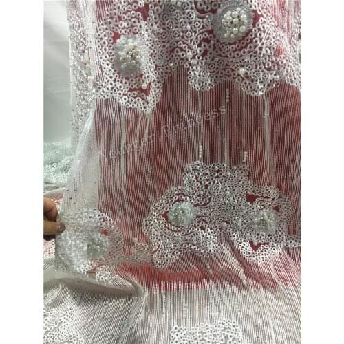 White color Top quality african mesh lace fabric YG-361 embroidered tulle lace with pearls for party dress or wedding